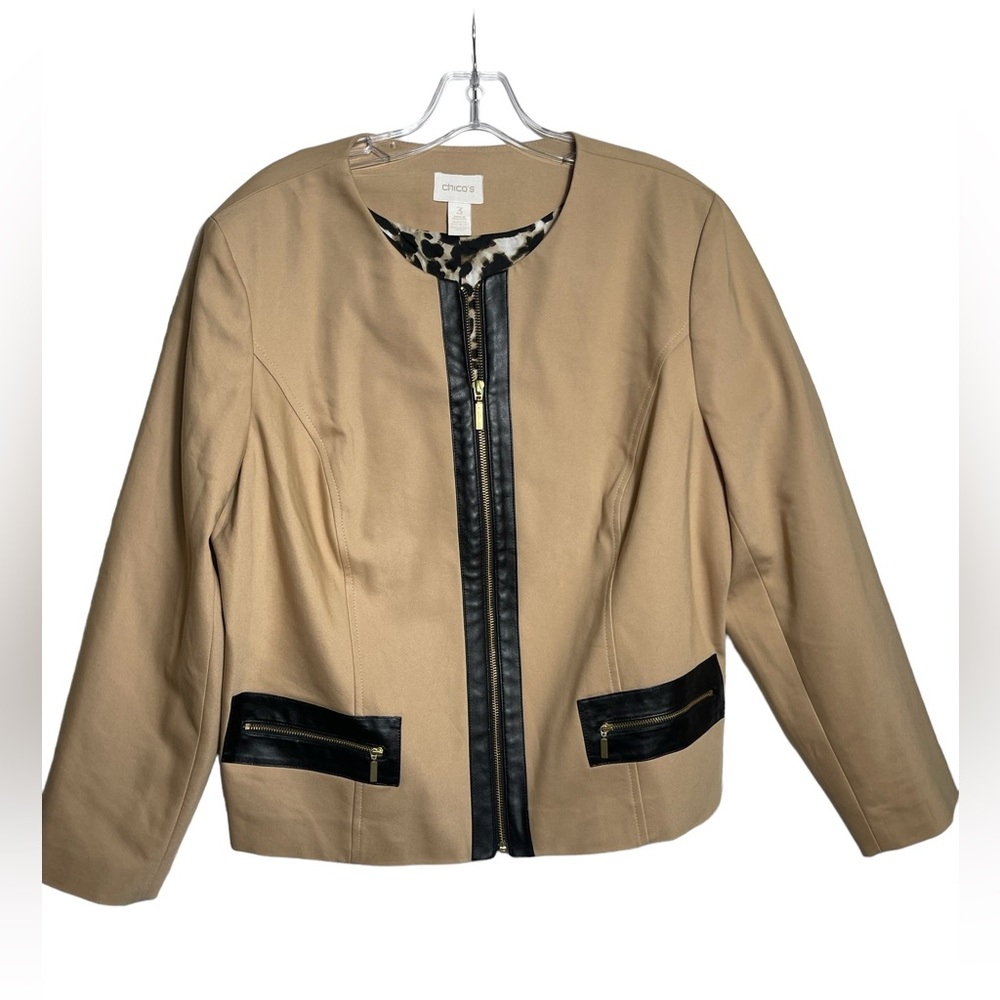 Chicos blazer jacket‎ size 16 (Chicos size 3) brown w/faux leather trim 🖤🤎